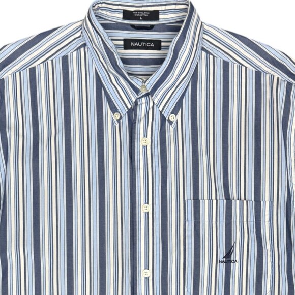 Men’s NAUTICA Striped Short Sleeve Cotton Button Dress Shirt Blue | Size Large - Picture 3 of 7